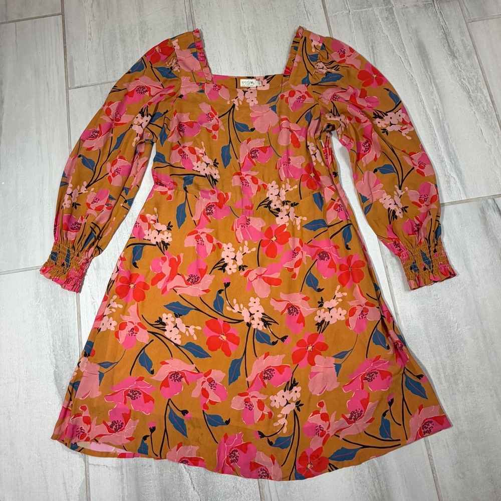 Spartina 449 Mustard Yellow Pink Floral Square Neck Long Sleeve Mini Dress Small